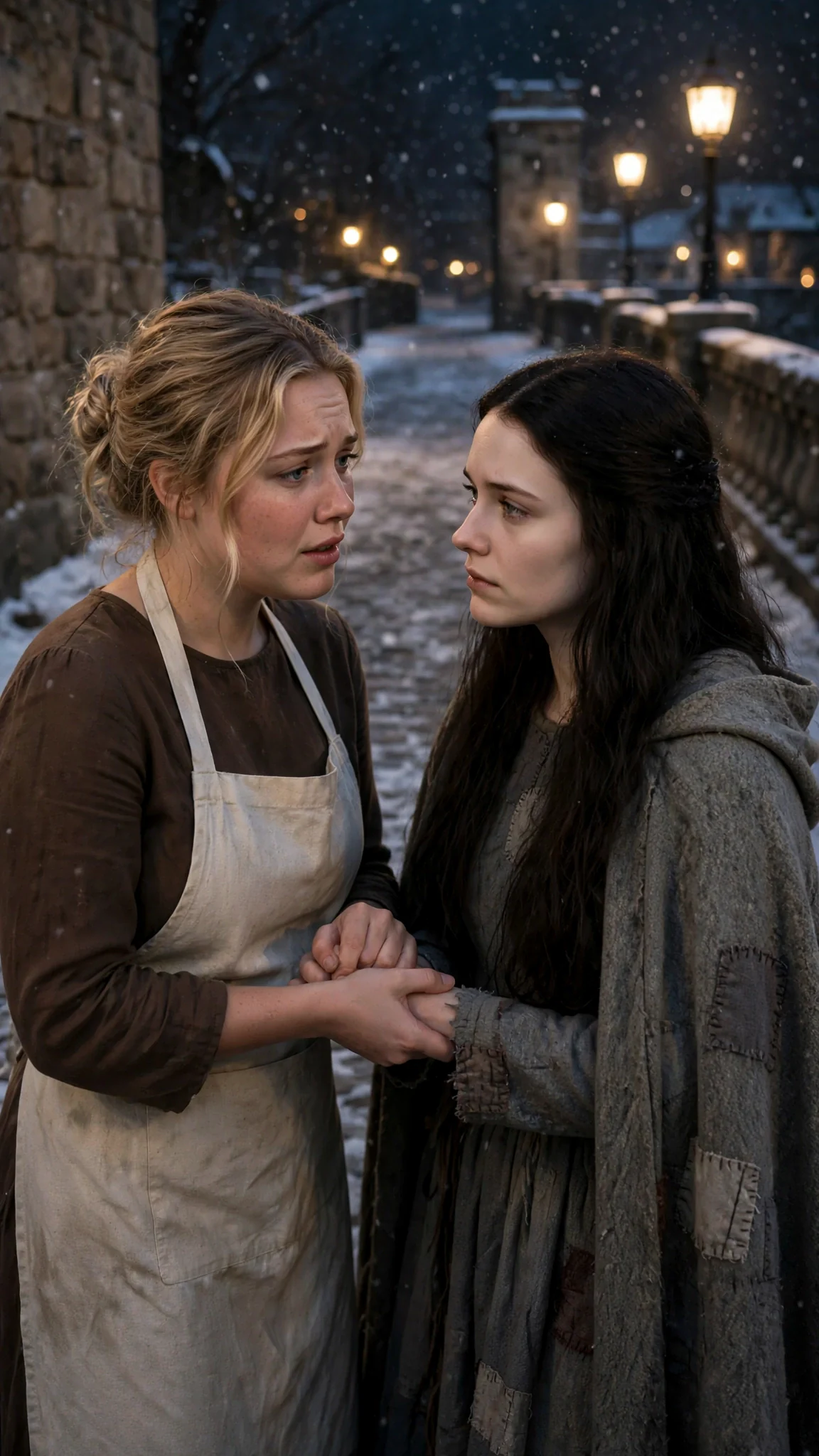 The healer's helper leans close, speaking low, her hand gripping the other woman's wrist.
