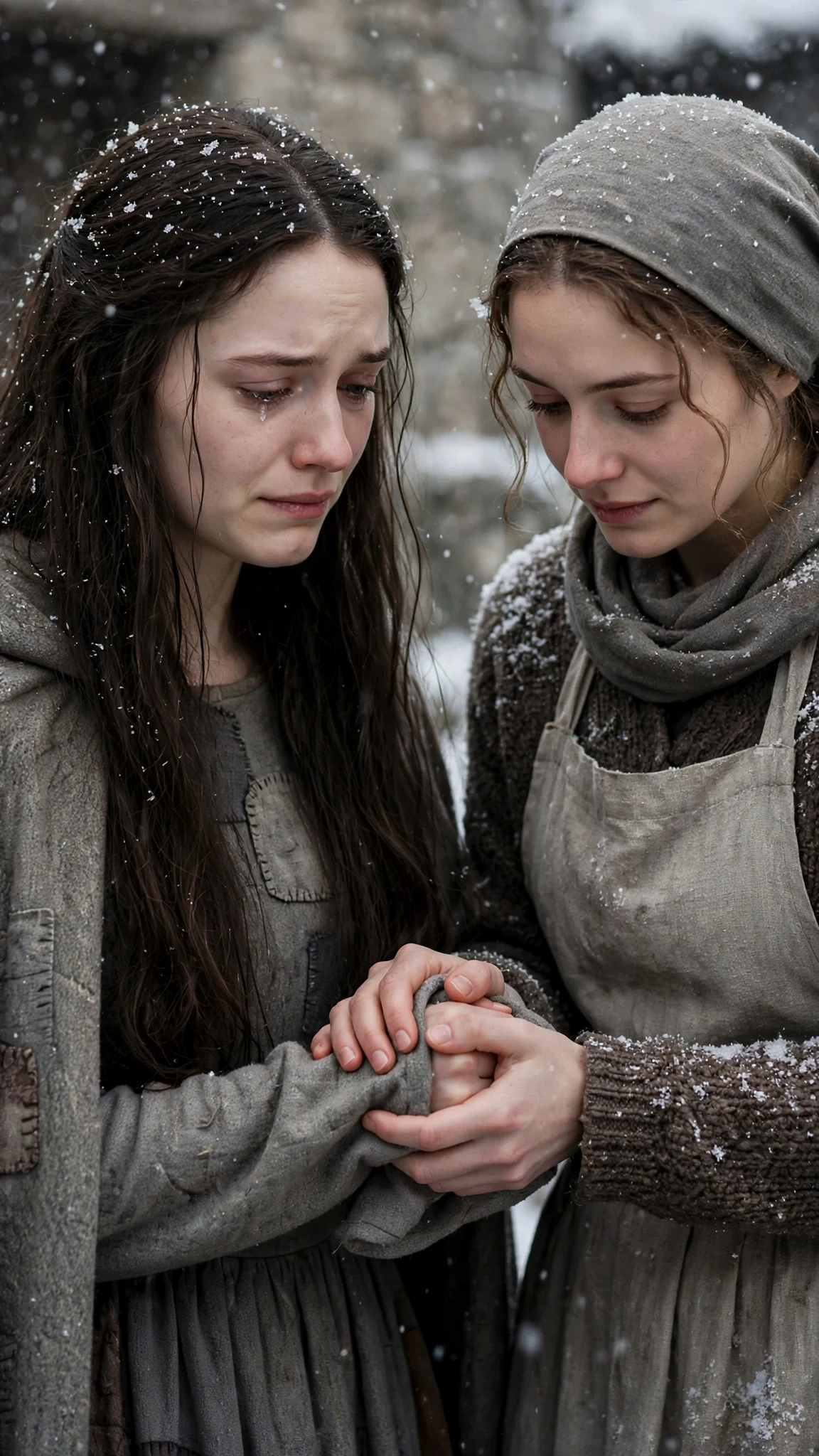 The dark-haired woman grips her friend's sleeve, eyes wet, holding on.
