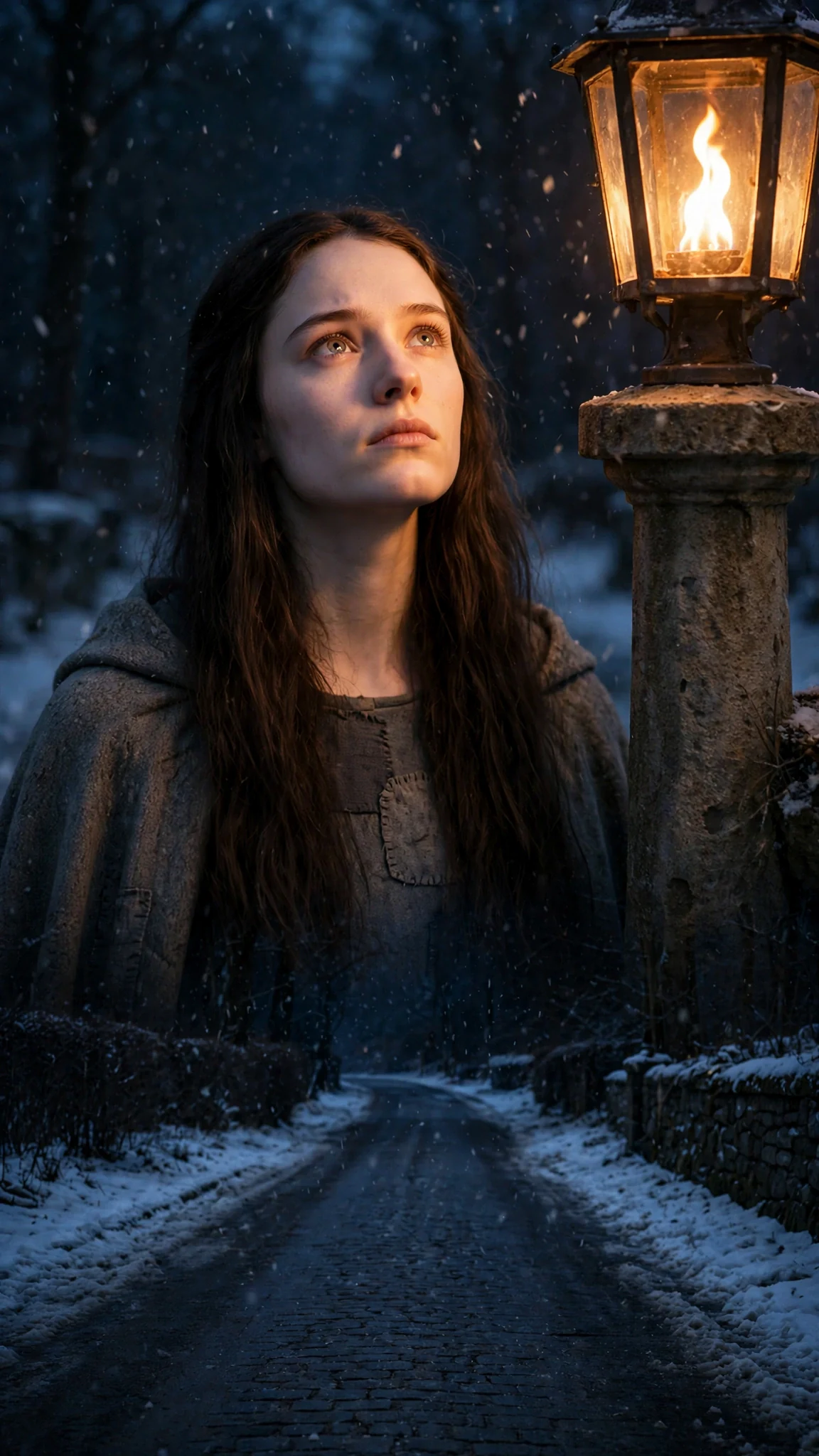 A single lamp flame catches and lights the young woman's face on the dark road.