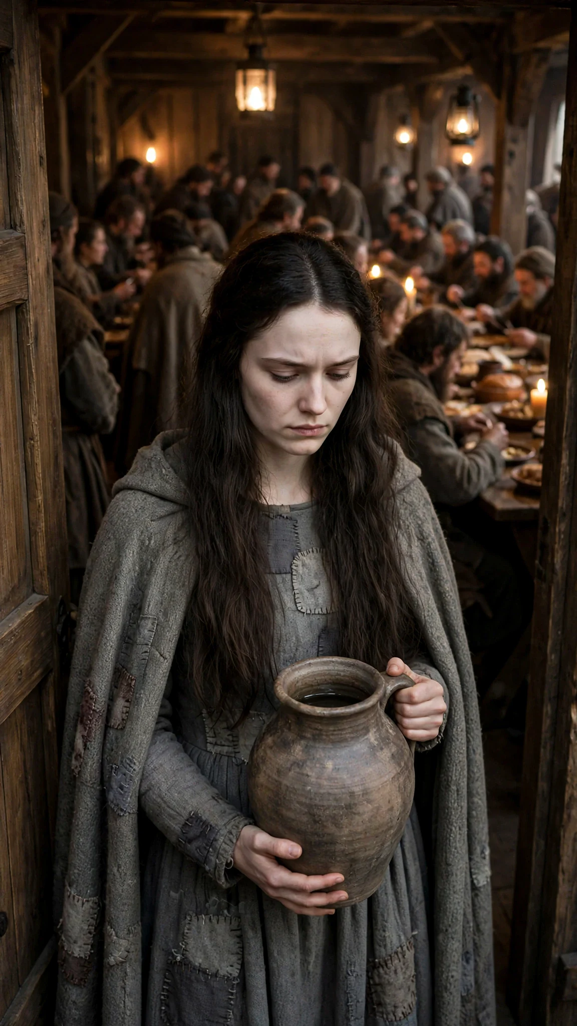 Linnea stands in the Alpha hall doorway holding a water jug while the pack fills the tables.