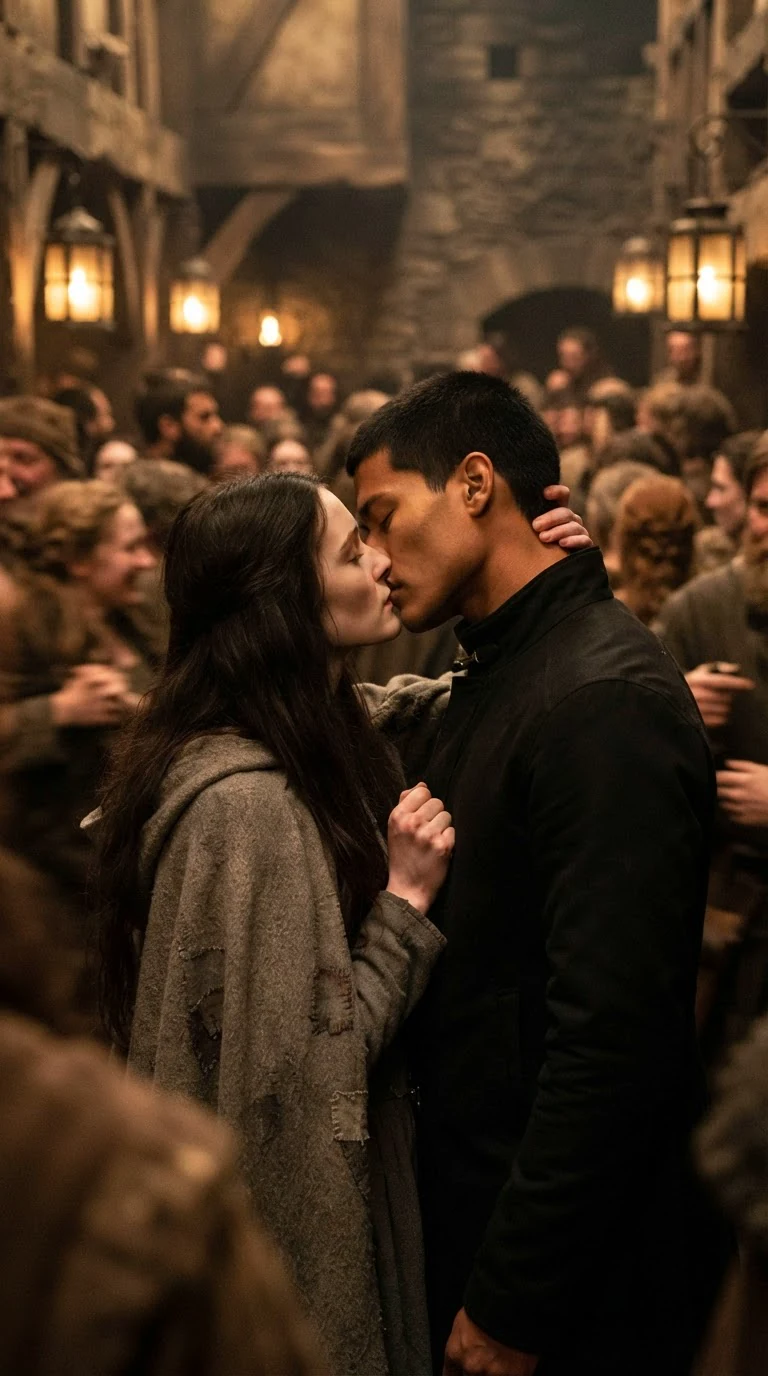 Linnea grips Torren's coat and pulls him closer as they kiss.