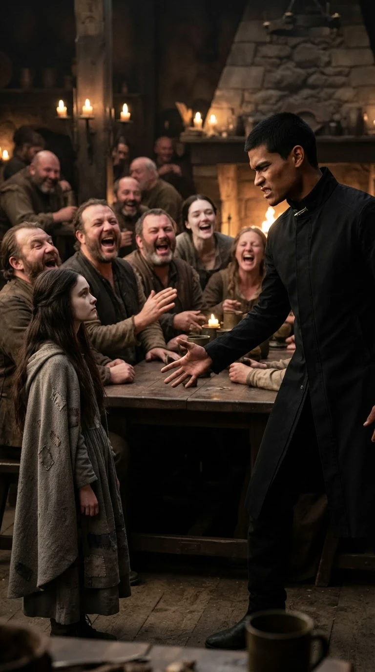 Torren gestures at Linnea with contempt while the pack laughs behind him.