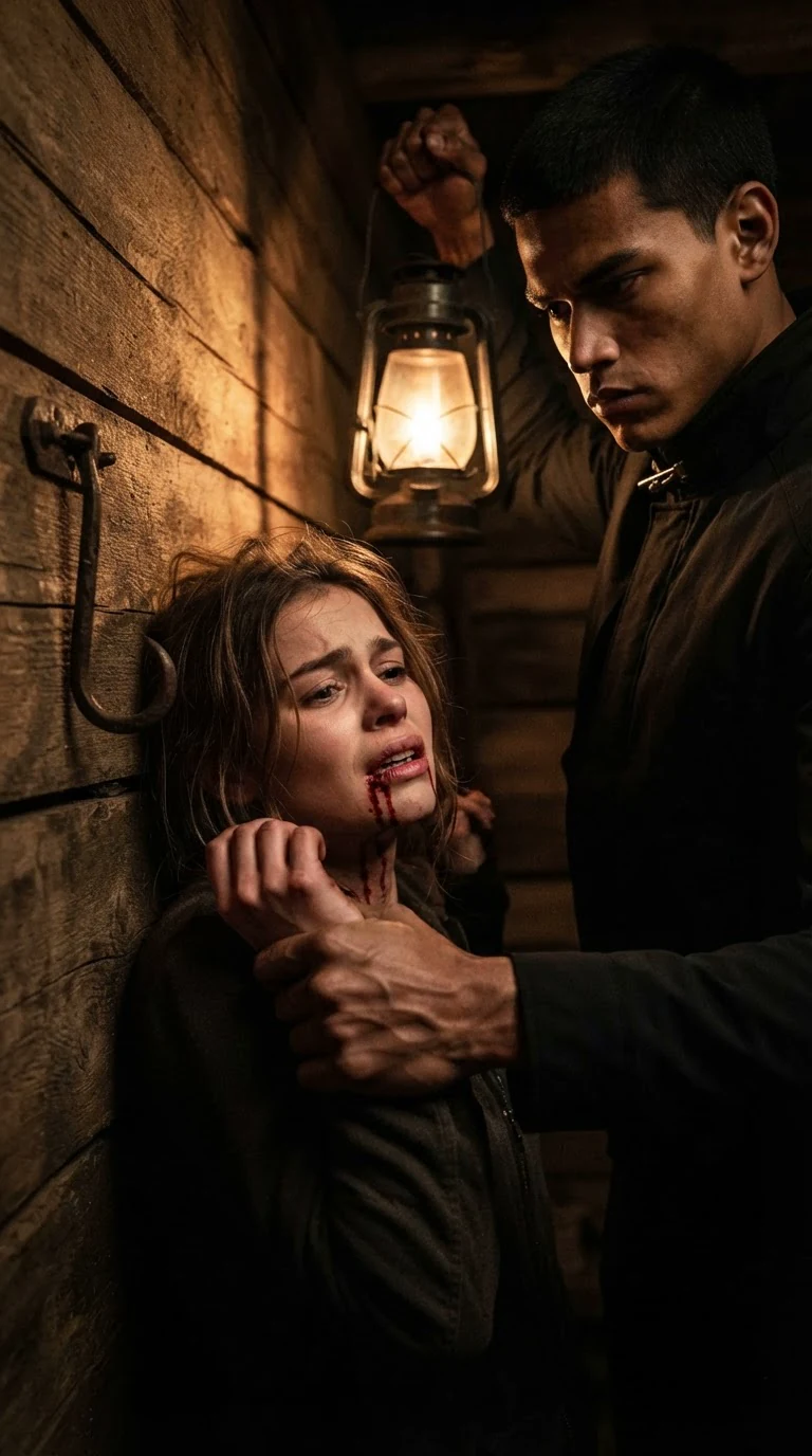 Torren's hand crushes Linnea's wrist as he shoves her back into the wall.