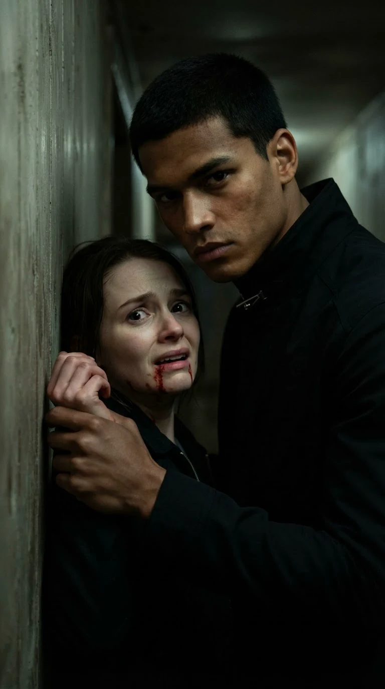 Torren leans over Linnea against the wall, threatening her, blood on her mouth.