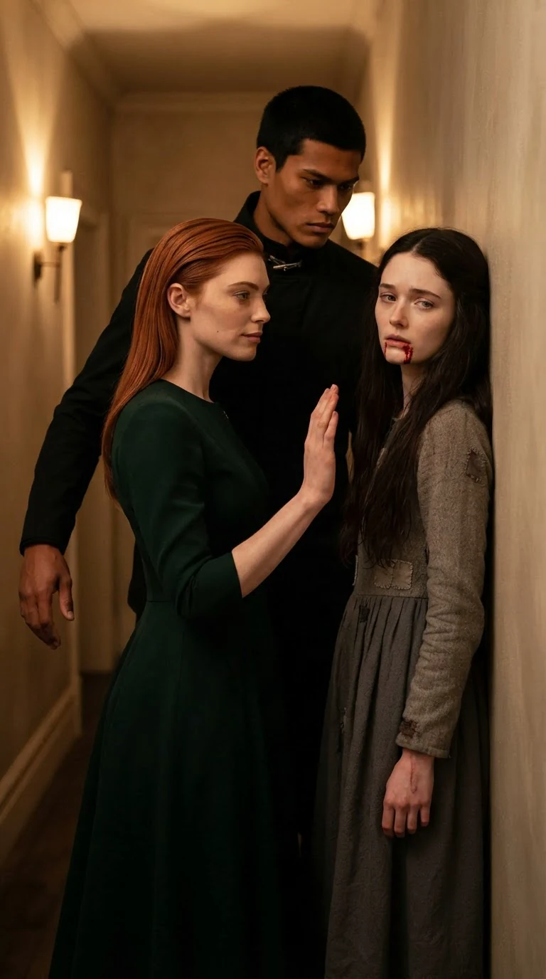 Verity steps in front of Torren with a raised hand, calm and composed, Linnea bleeding against the wall.