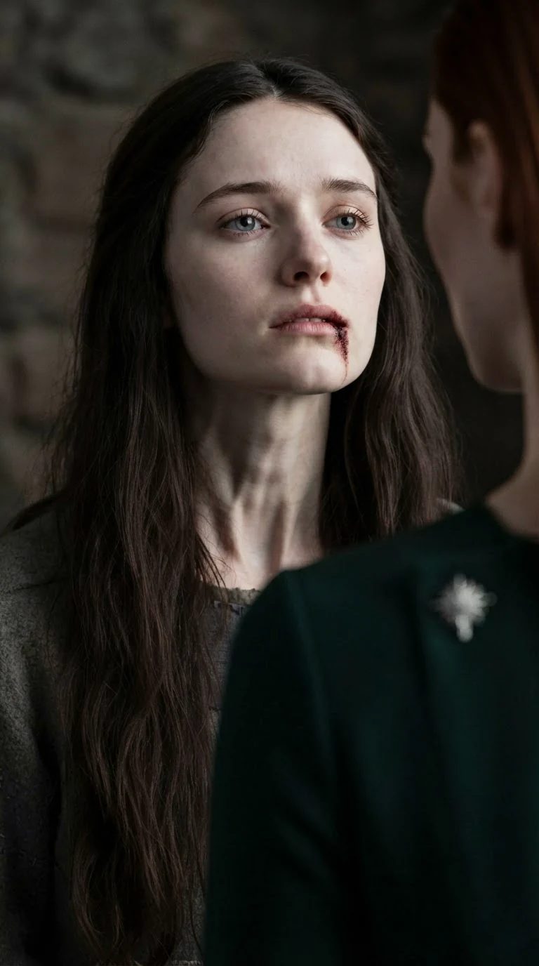 Close on Linnea's face, dry-lipped and stubborn, with Verity's shoulder in front of her.