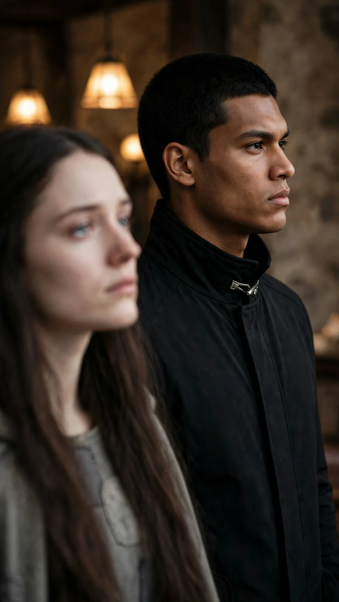 Torren looks away from Linnea, his jaw tight, and she watches him.