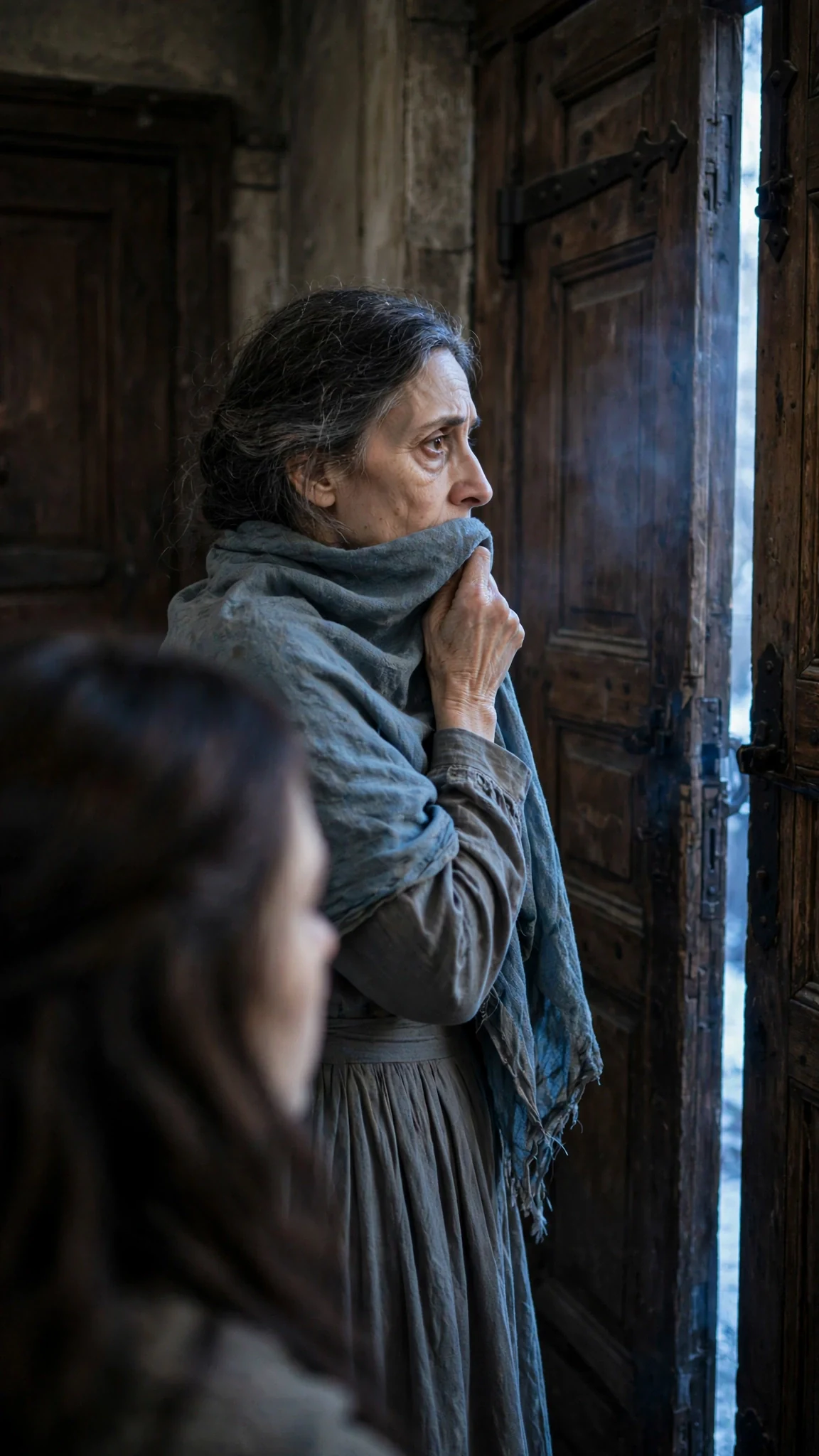 Siv turns her face away at the door and pulls her shawl up over her chin.