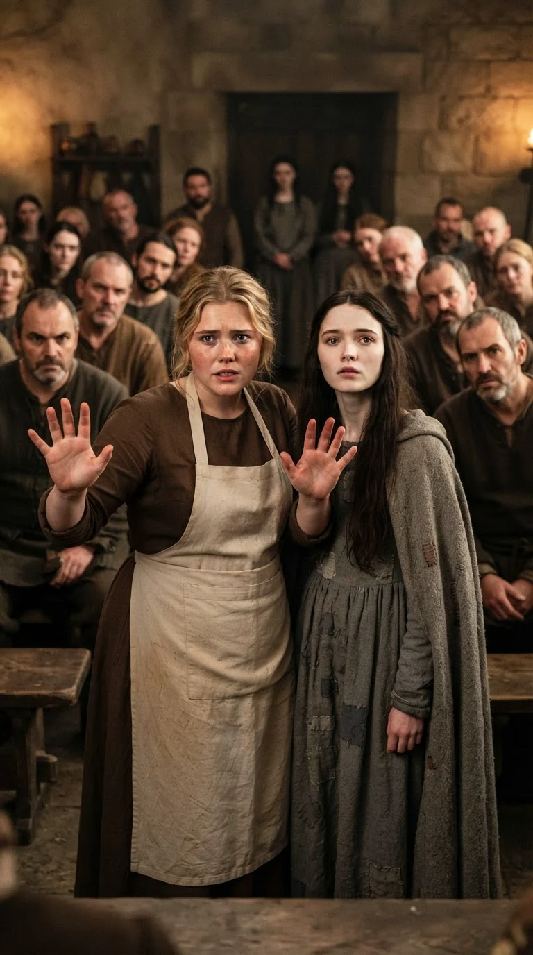 Jessa stands beside Linnea, facing the hall with both hands raised.