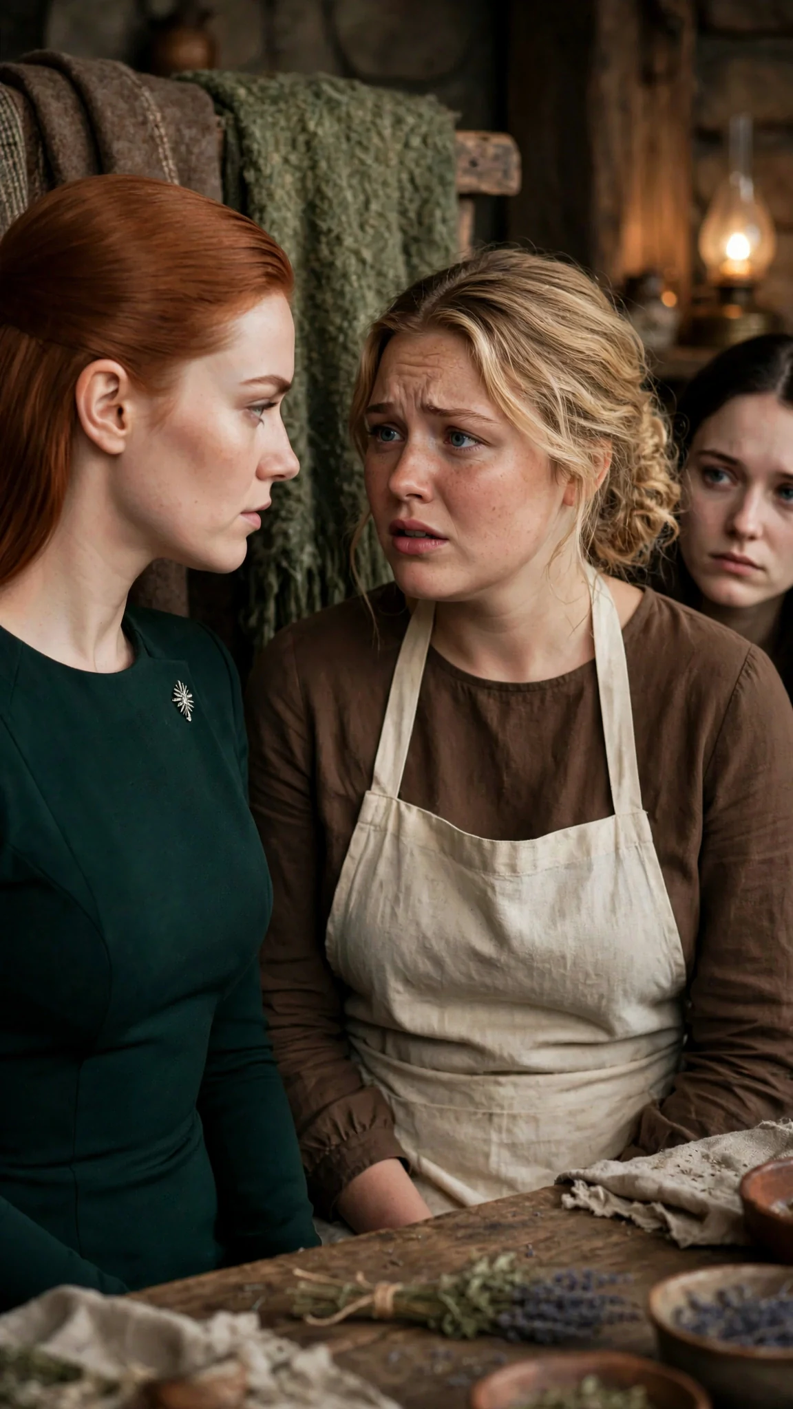 Verity and Jessa face each other, Linnea standing behind Jessa's shoulder.