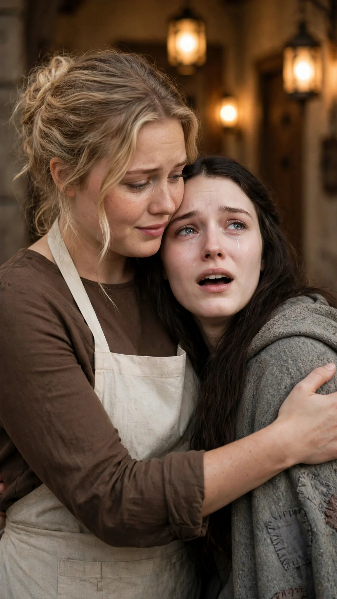 Jessa puts an arm around Linnea's shoulders and speaks close to her ear.