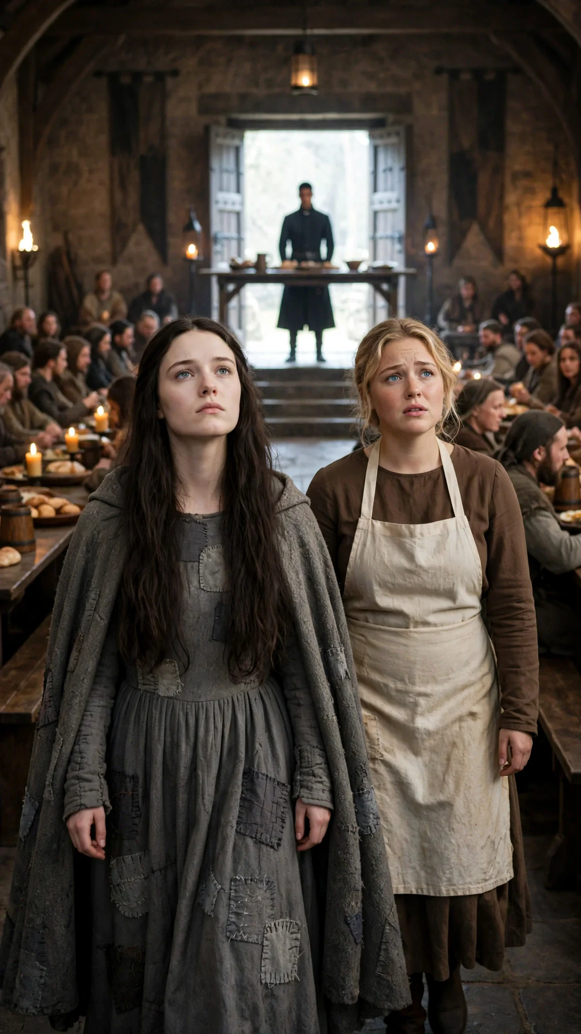 Linnea walks toward the hall doors with her head up, Jessa beside her.