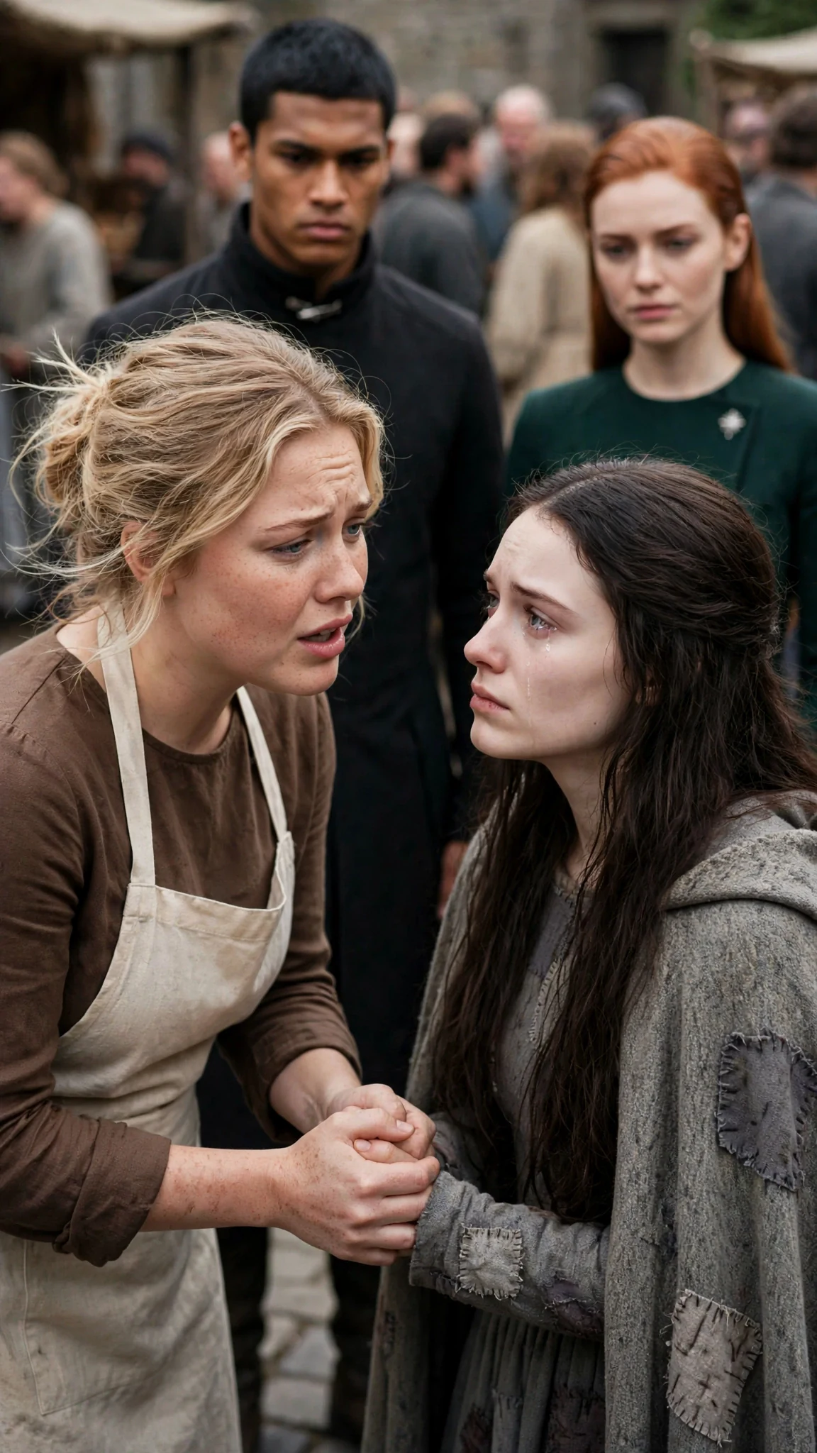 Jessa holds Linnea's hand and speaks close to her.