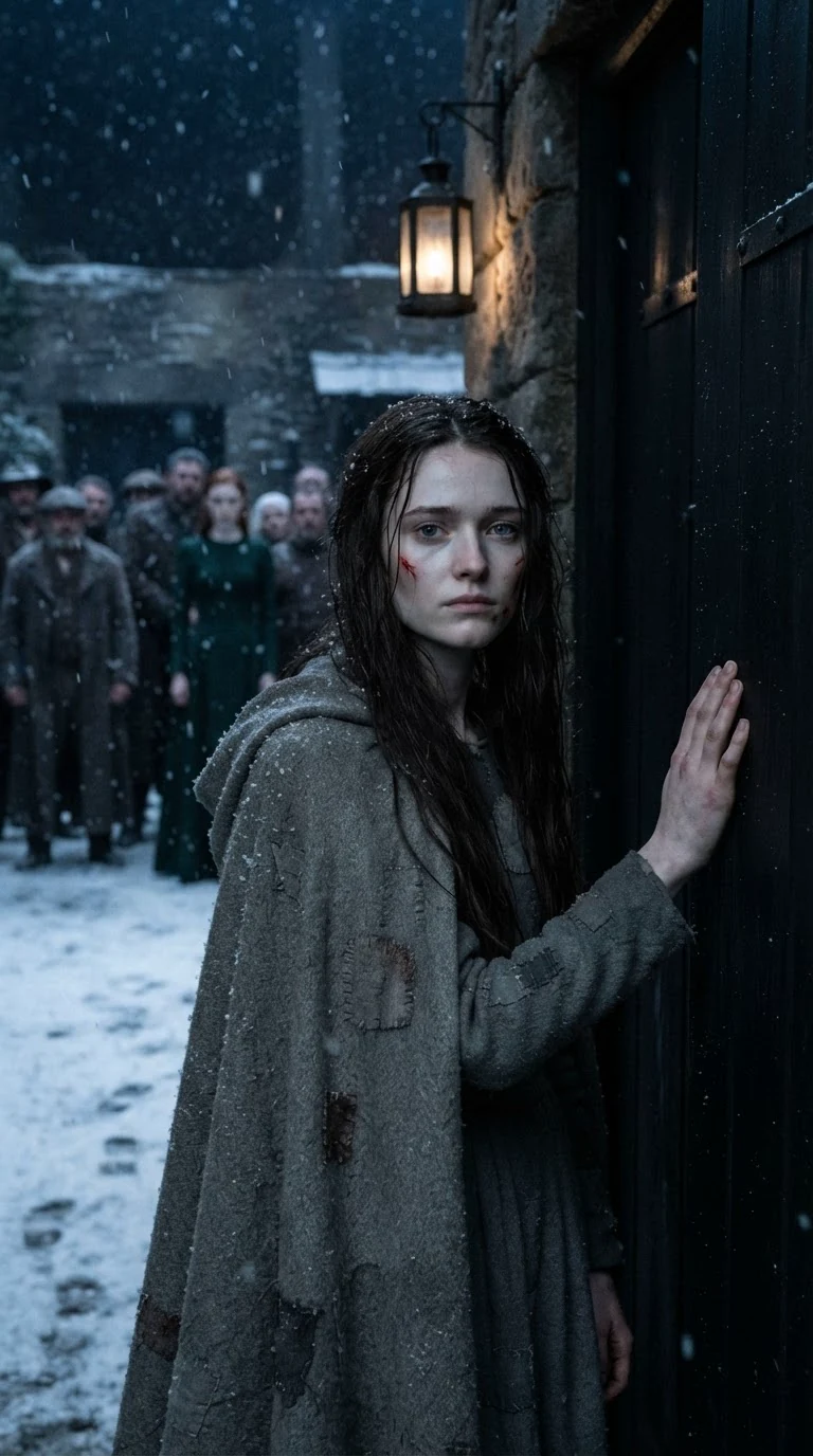 A pale young woman with a cut on her cheek stands with her hand on a tall black door in the snow.