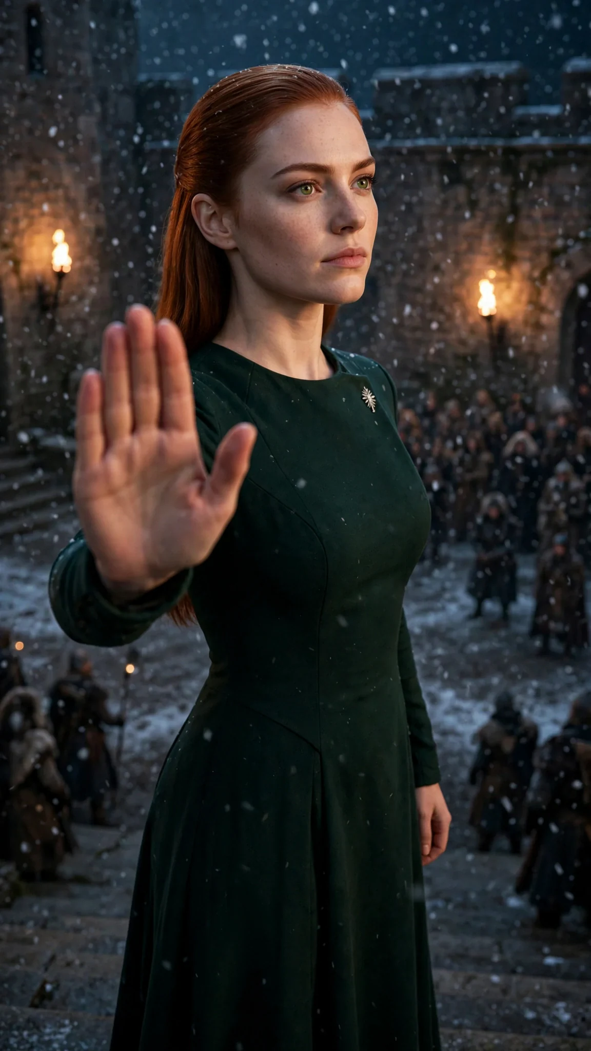 A tall copper-haired woman in a green dress stands on stone steps above a snowy yard.