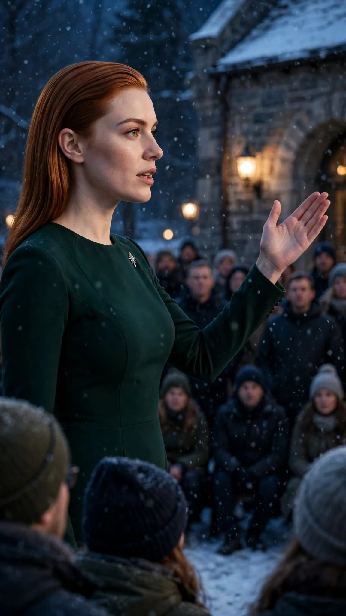 The copper-haired woman gestures at the house behind her while the pack watches.