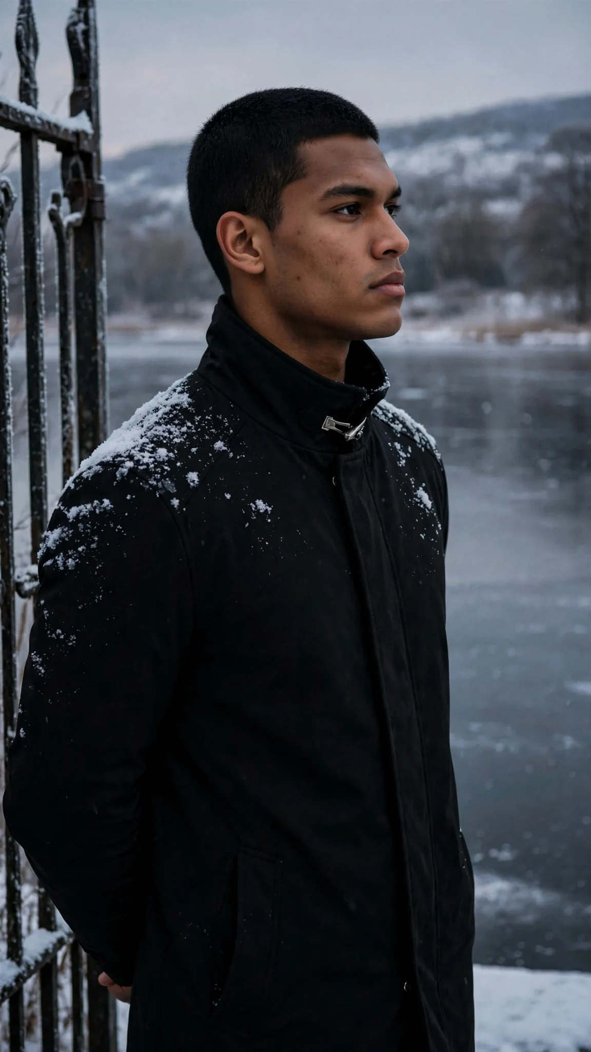 A tall dark-haired man in a black coat stands by an iron gate, looking away toward a frozen lake.