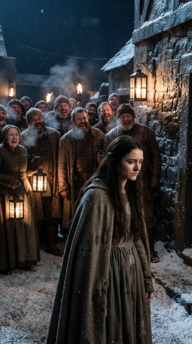 A crowd of adults in dark coats laughs in the snowy yard while Linnea stands alone.