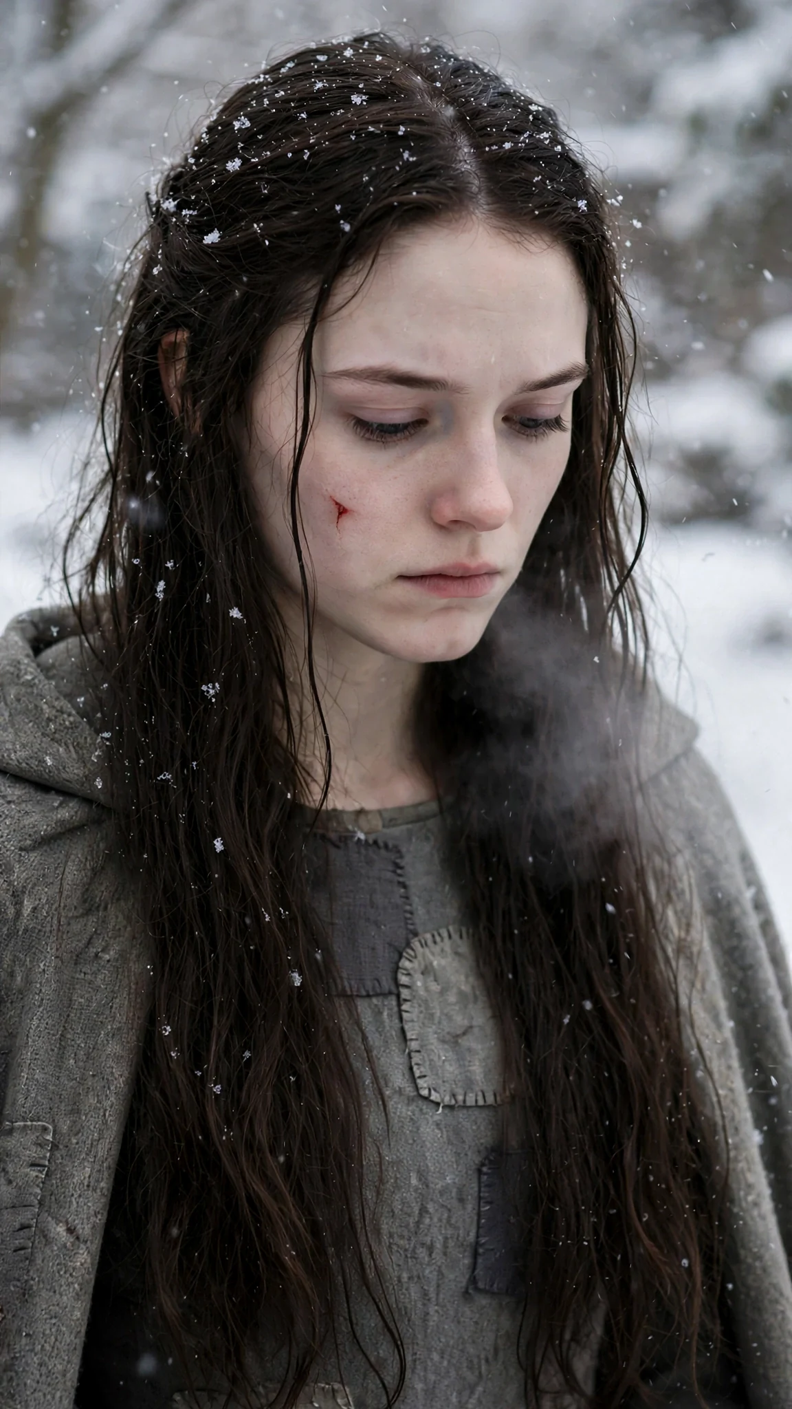 A close view of Linnea's face in the snow, a fresh cut on her cheek, her eyes lowered.