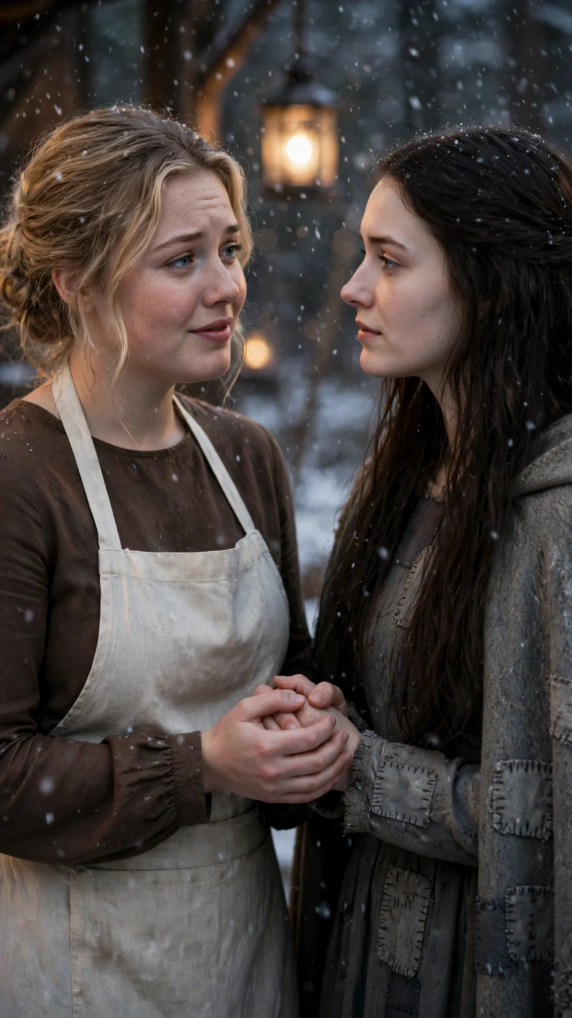 A round-faced blonde woman in a healer's apron takes Linnea's hand in the dark yard.