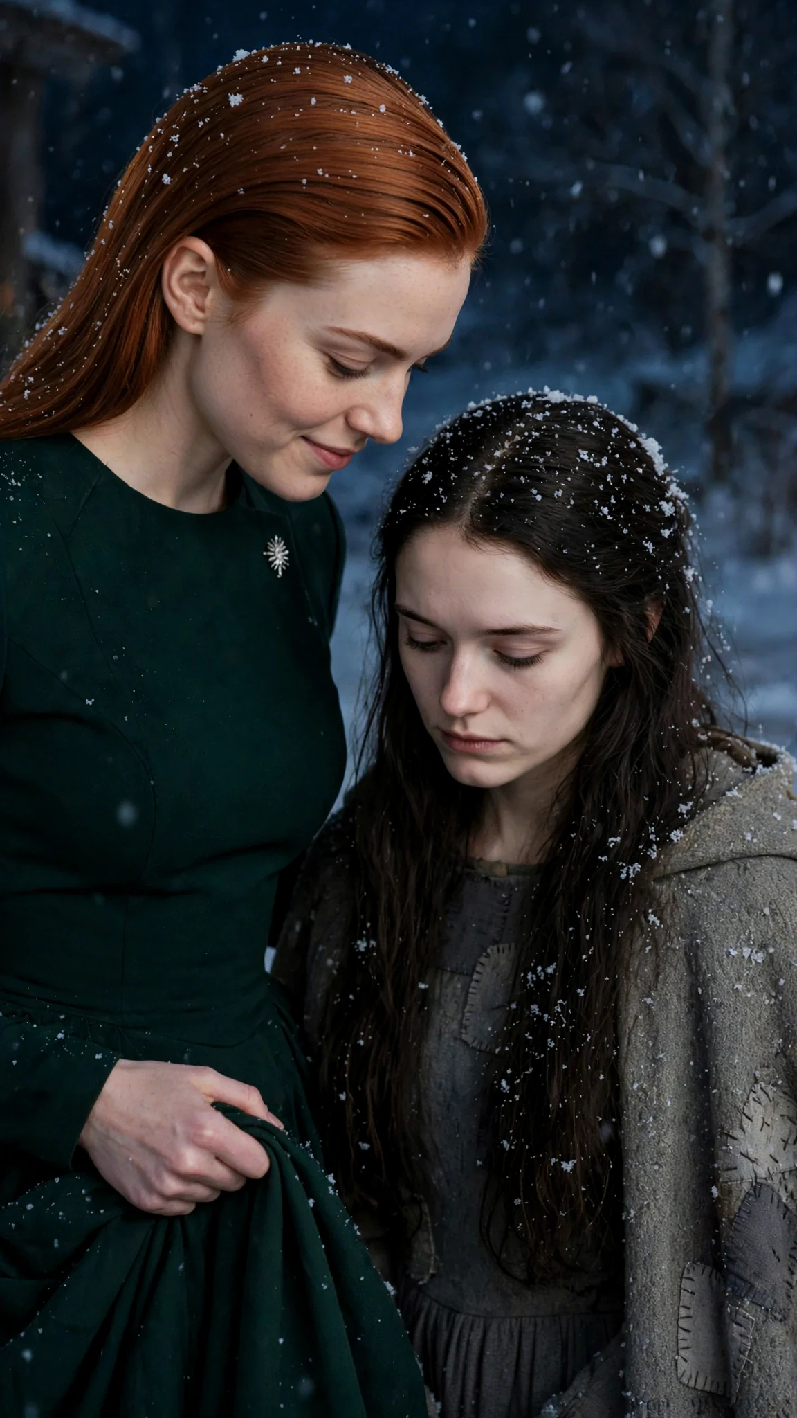 The copper-haired woman leans in close, speaking low to Linnea.