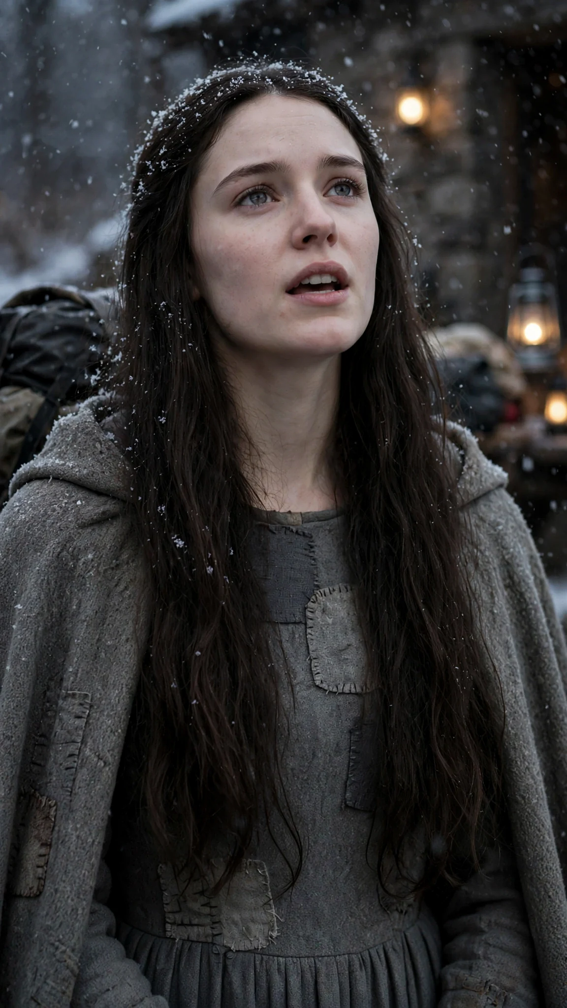 Linnea speaks with her chin up while snow falls around her.