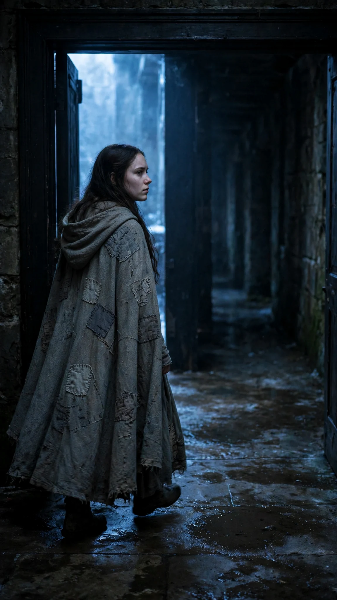 Linnea steps alone through the black door into a dark stone hall.