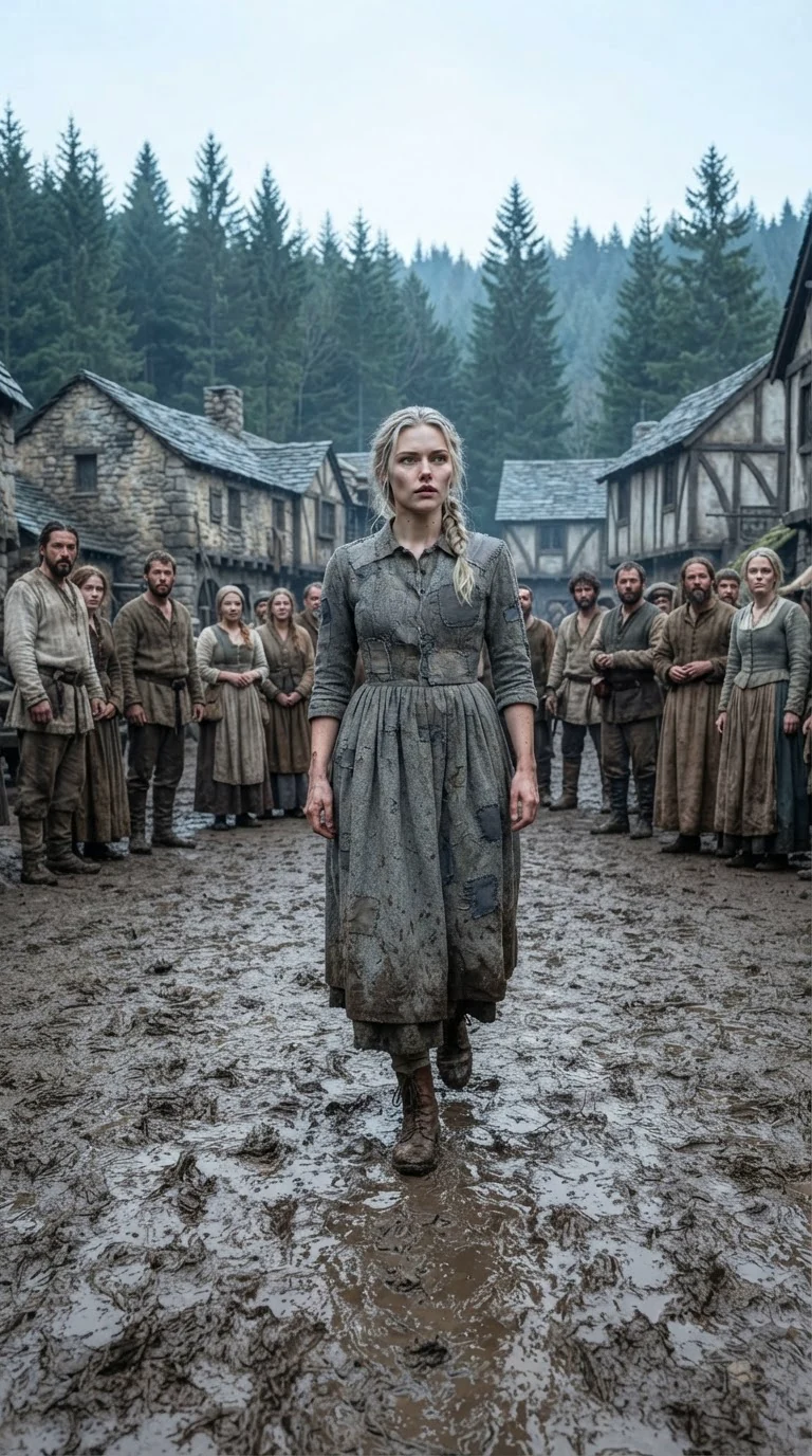 A young woman in a patched grey dress walks toward a crowded town square in the rain.