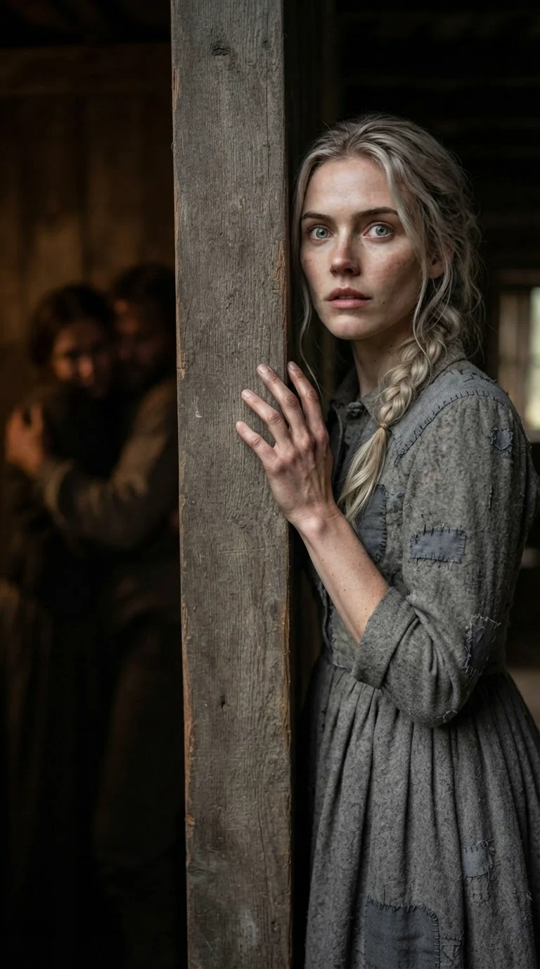 A young woman stands frozen at the corner of a tall wooden board, listening.