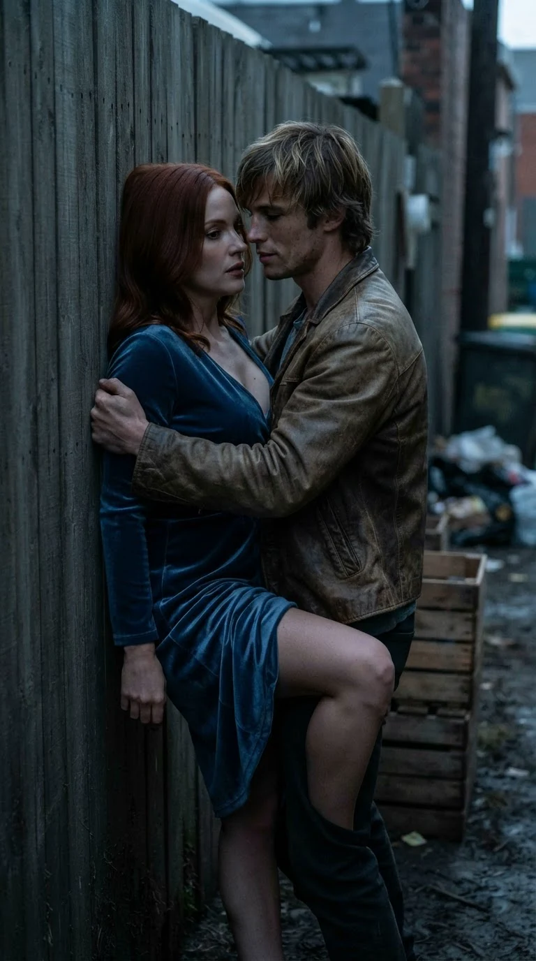 A woman in a bunched blue velvet dress is pressed against a wooden board by a man in a leather jacket.