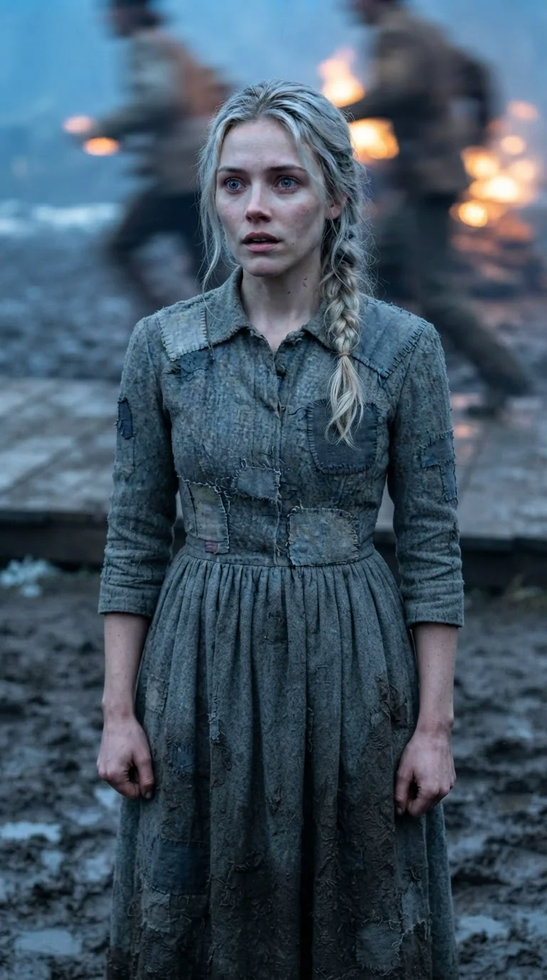 A young woman in grey wool stands rigid in mud, unable to look away.