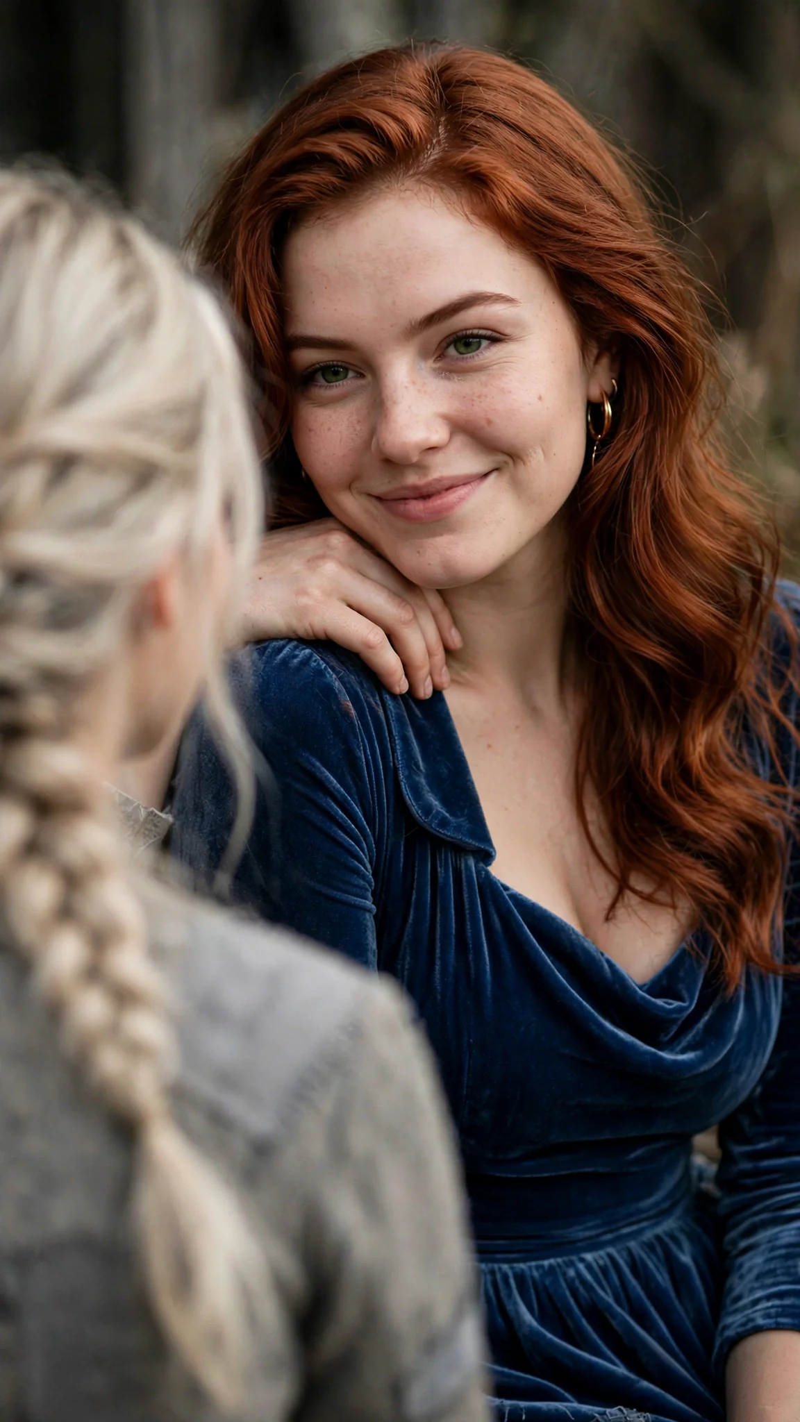 The auburn-haired woman looks over a man's shoulder with a slow, cruel smile.
