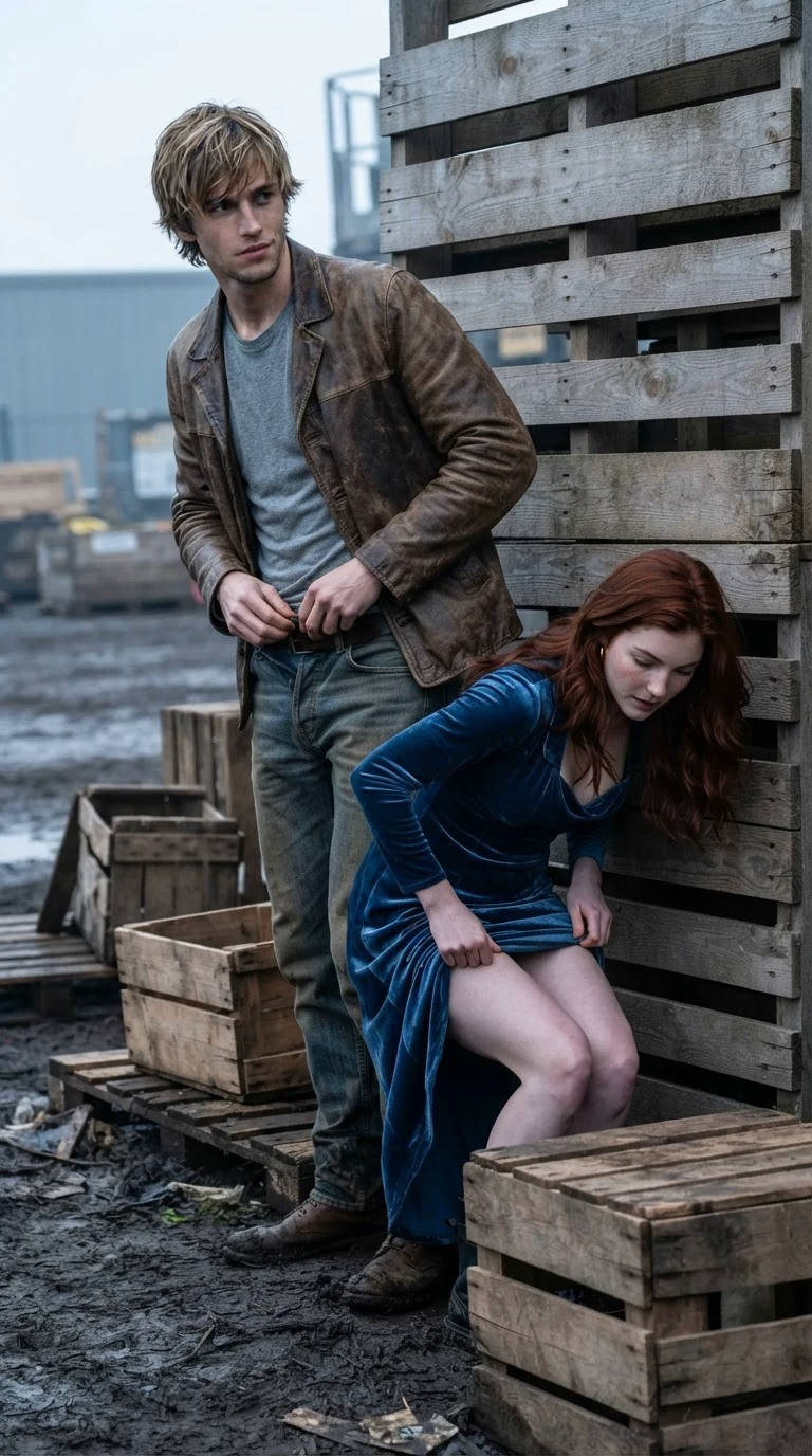 A sandy-haired man in a leather jacket turns, angry, with a woman behind him.