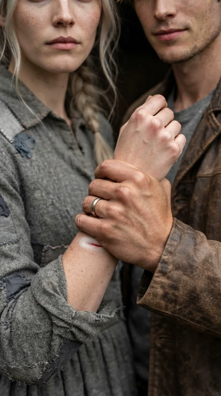 A man's hand grips a woman's wrist hard in an alley behind a wooden board.