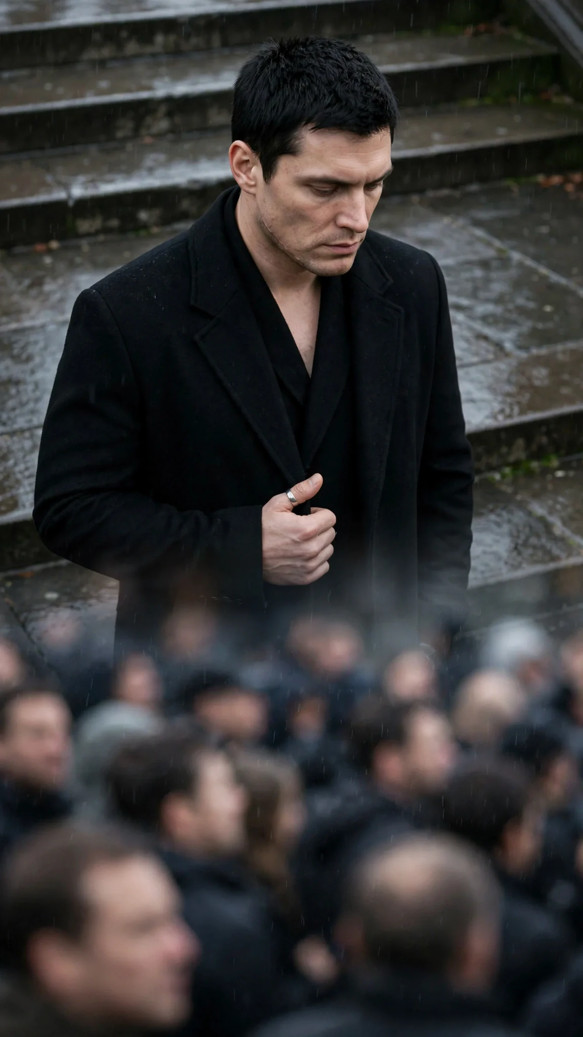 A grey-eyed Alpha in a black coat looks down through a crowd, his gaze caught on one woman.