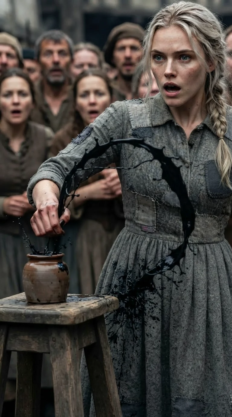 Black ink floods across a grey wool dress as a woman's hand knocks a pot.