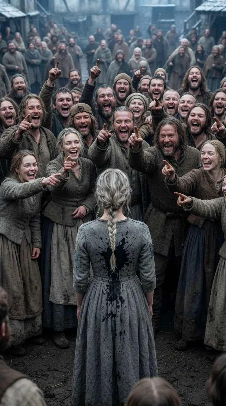 A crowd of townsfolk laugh while a woman stands soaked in black ink.