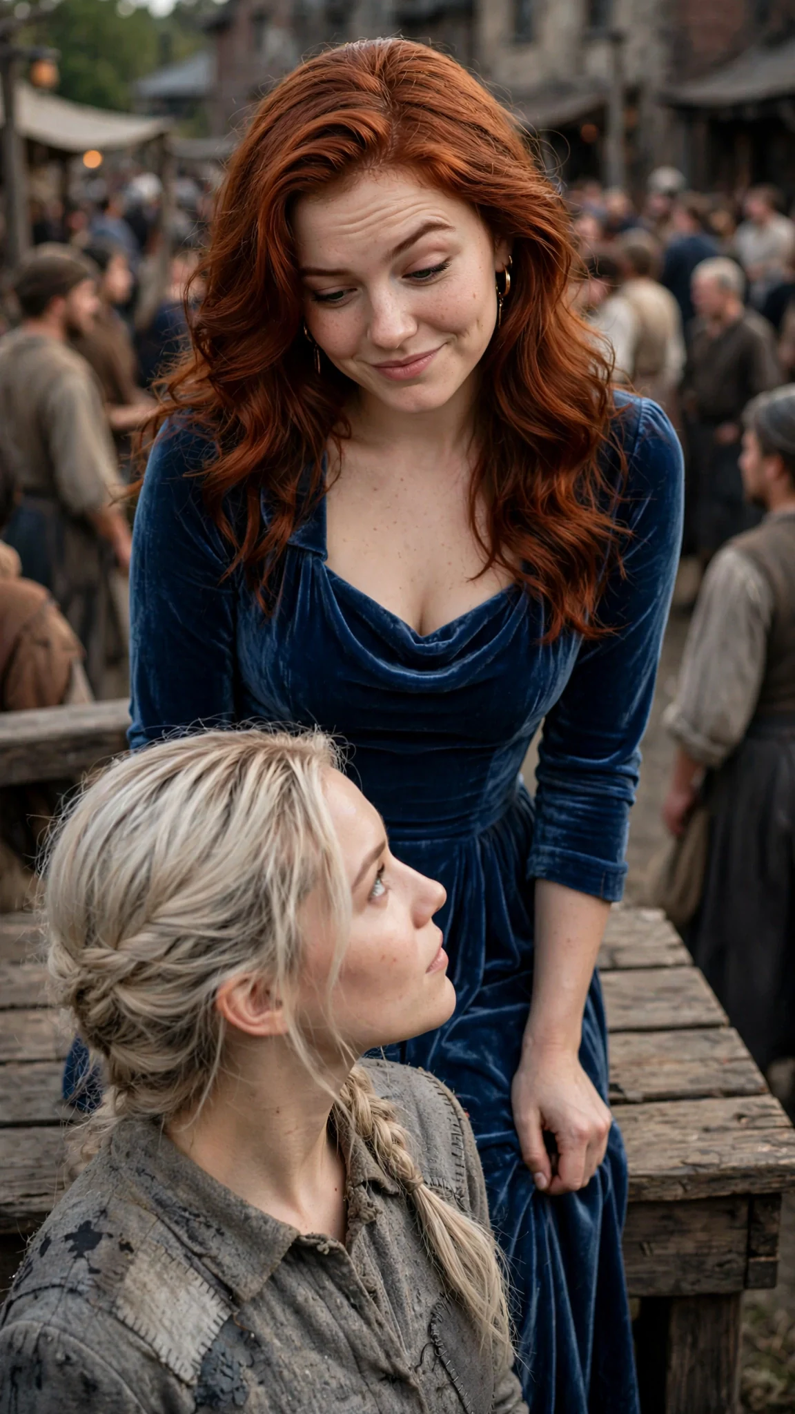 An auburn-haired woman in velvet smirks down at an ink-stained woman.