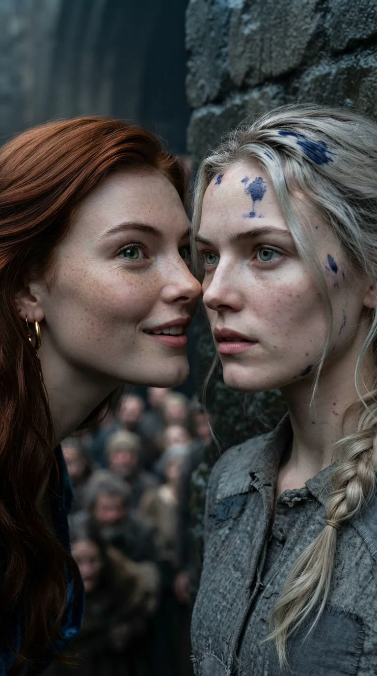 Two women face to face, one in velvet whispering, the other ink-stained and rigid.