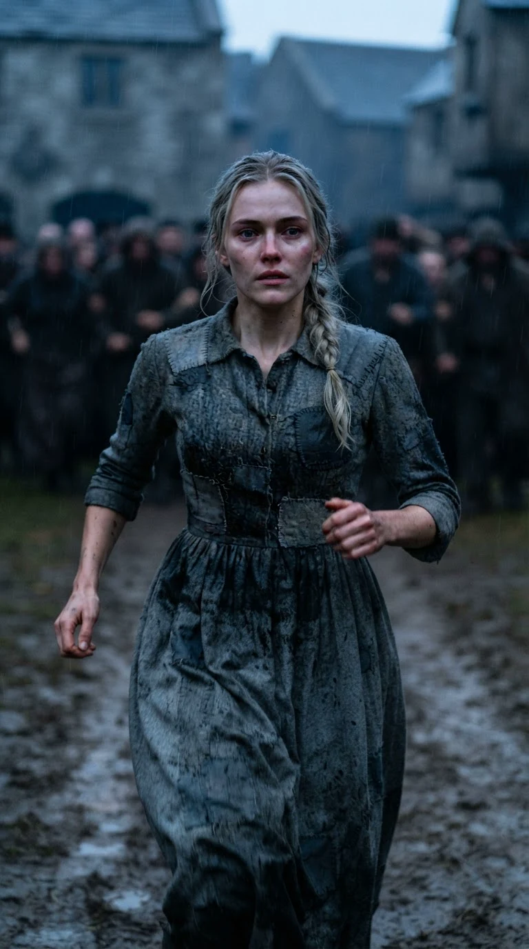 A young woman in an ink-stained grey dress runs up a muddy track away from a stone town square in the rain.