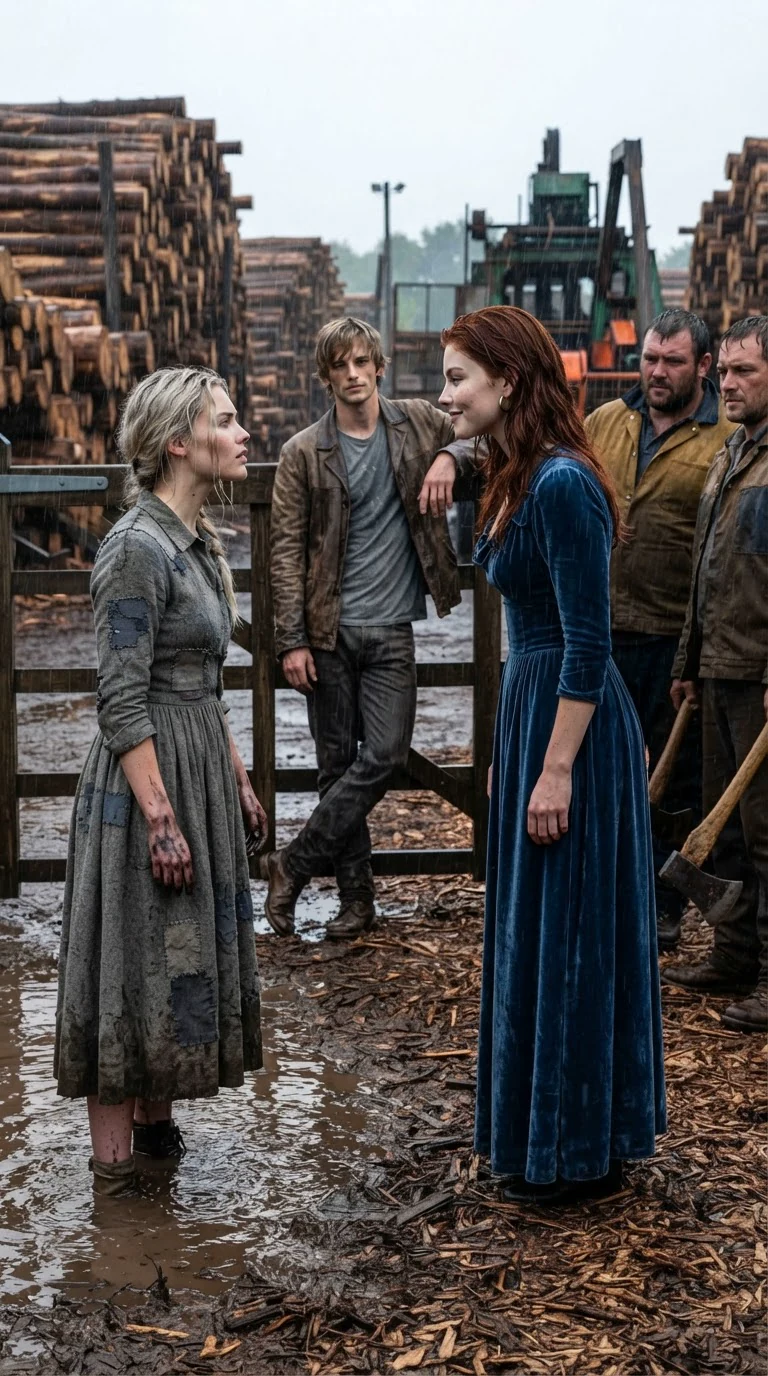 A woman in a blue velvet dress smirks at the muddy, ink-stained heroine while a man in a leather jacket and two timber workers watch.