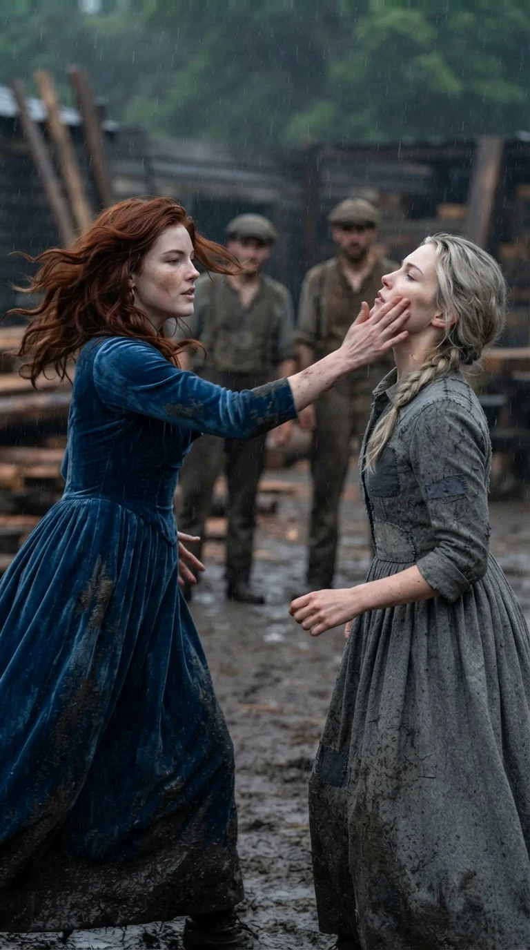 The auburn-haired woman slaps the heroine across the face at the timber gate.