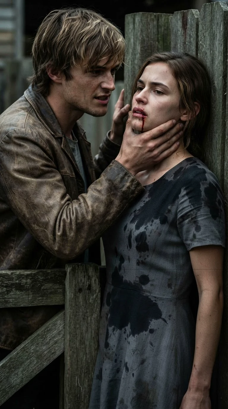 The sandy-haired man grips the heroine's jaw and shoves her back into a rough fence post, her lip split and bleeding.