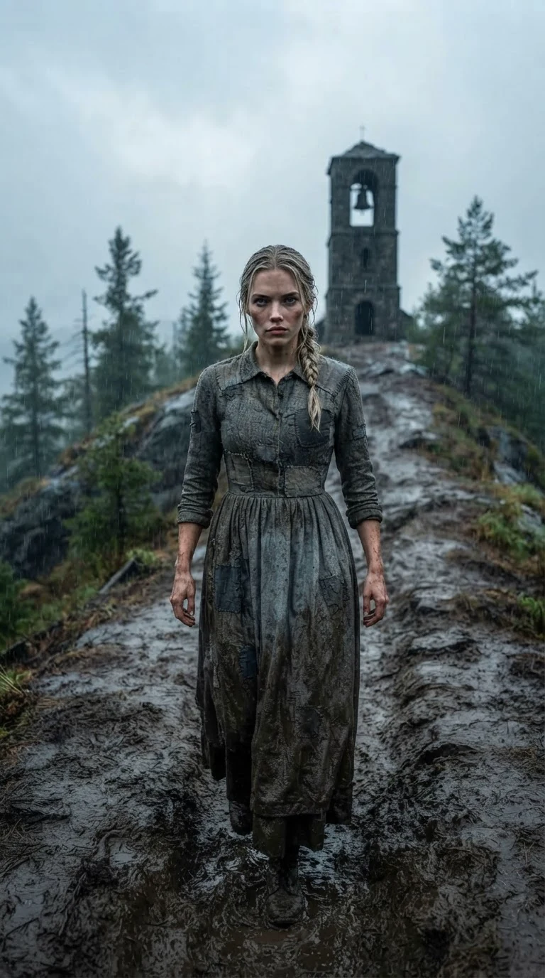 The heroine walks alone up a rainy ridge path toward a dark stone bell tower.