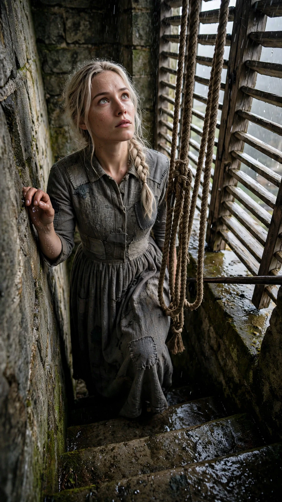 The heroine climbs wet stone stairs inside a dark bell tower, rain coming through the louvres.