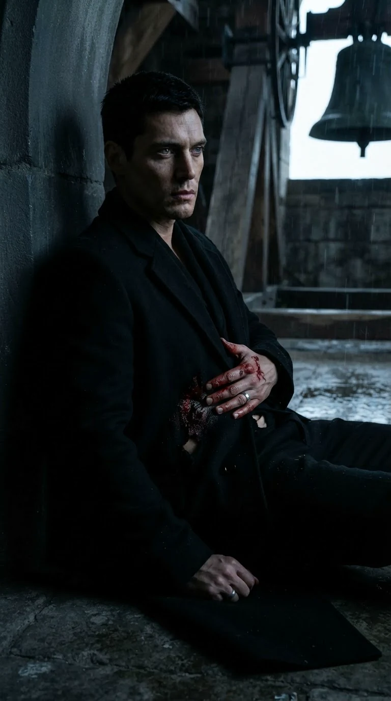 A tall black-haired man in a long black coat sits against the curved tower wall, hand pressed to a bleeding wound.
