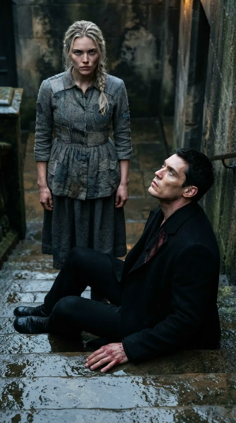 The heroine stands frozen on the tower stairs while the wounded man lifts his head and tells her to leave.