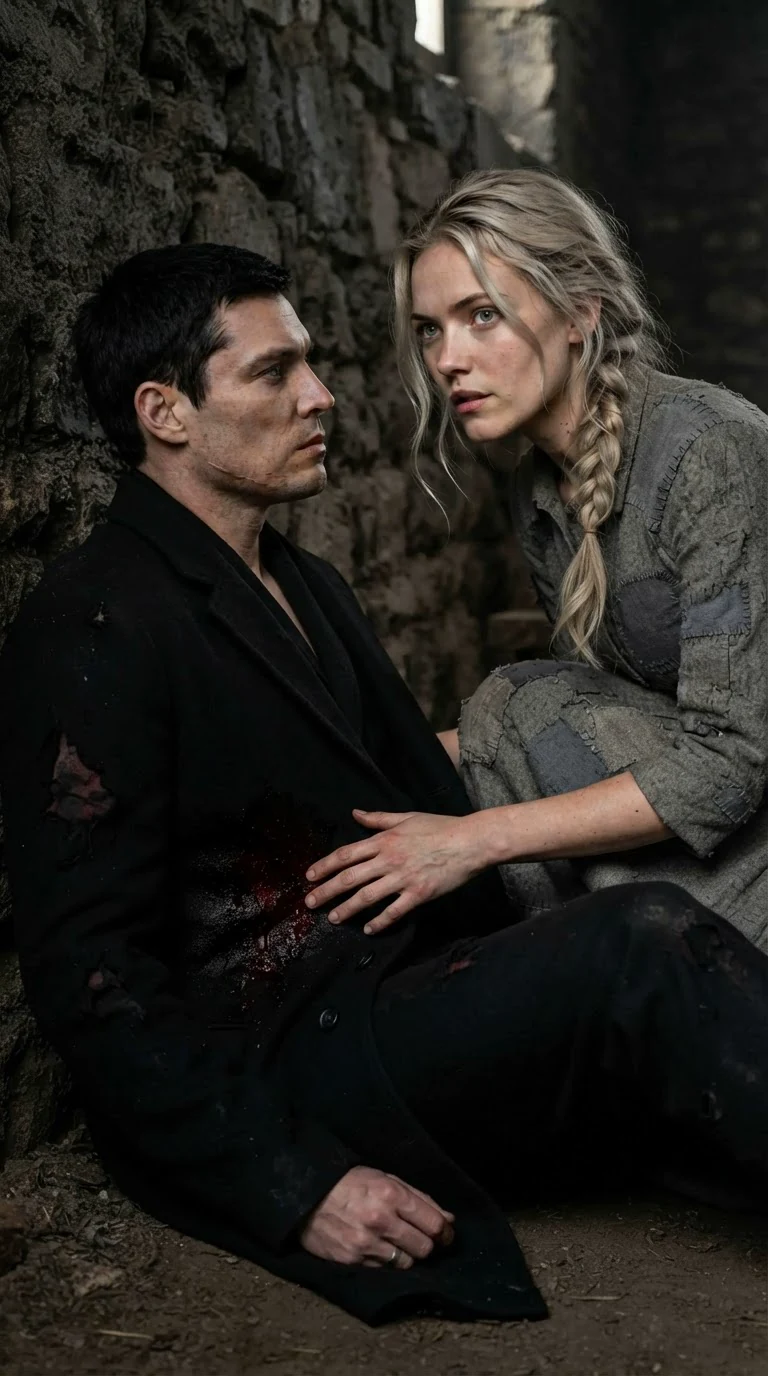 The heroine kneels close to the wounded man, her hand reaching toward his side.