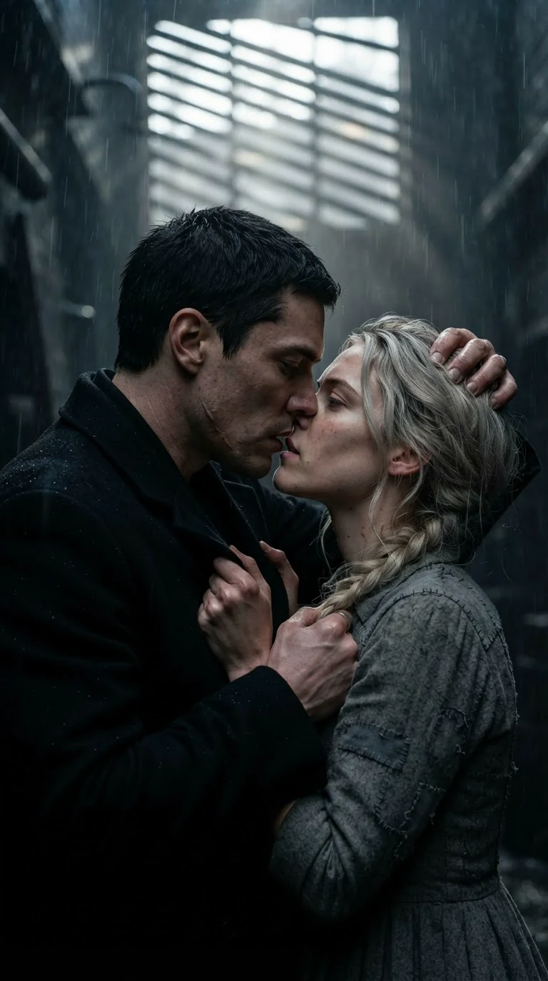 The wounded man pulls the heroine down by the hair and kisses her hard on the tower landing.