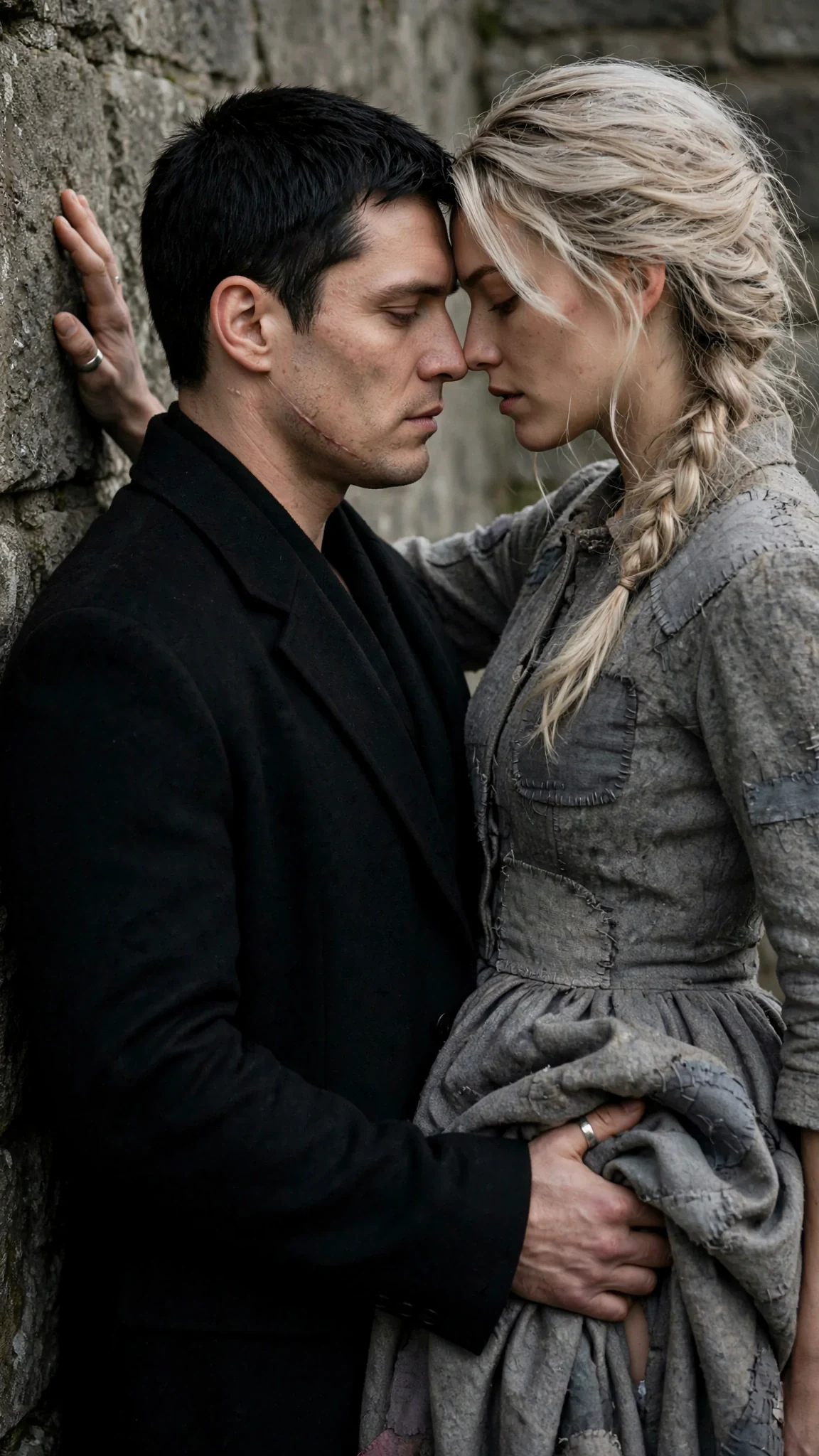 The man's hand slides under the bunched grey fabric of the heroine's dress as she leans over him.